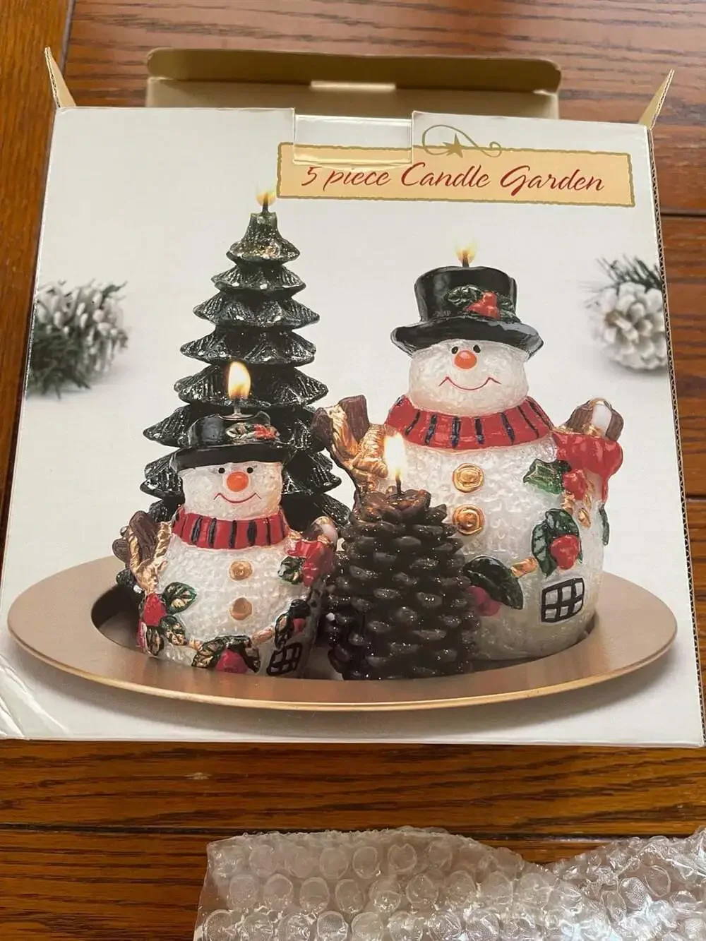 Charming Vintage Winter Snowman & Pinecone Holiday Candle Display - New In Wrap